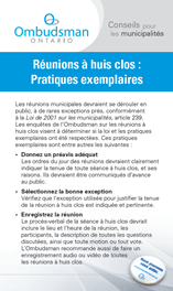 Brochure intitulée "Conseils pour les municipalités" incluant le texte : Réunions à huis clos - Pratiques exemplaires et accompagné du logo de l'Ombudsman Ontario