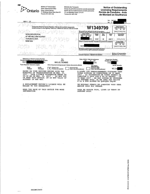 page 1 du formulaire de Permis de Conduire - avis de montant en souffrance